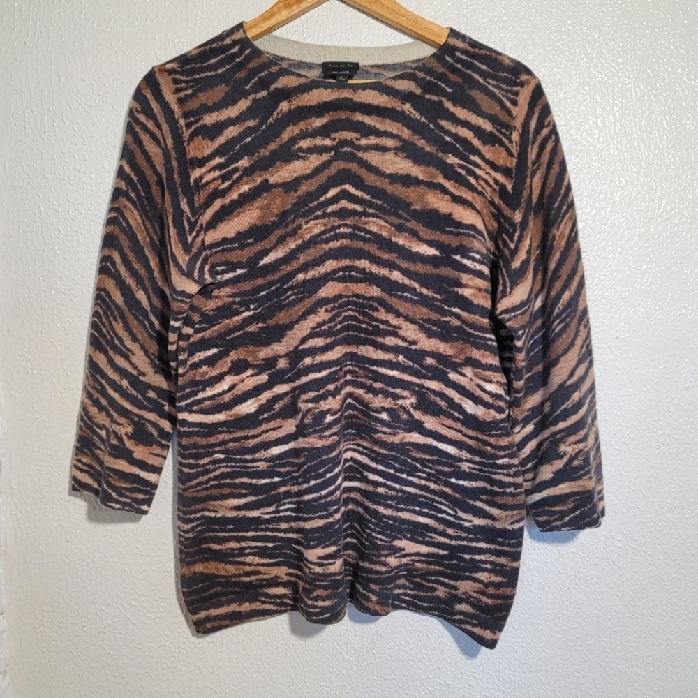 Talbots Pure 100% Cashmere Animal Print Sweater size Large Brown Black